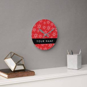 Red and White Snowflakes, Your name, Personalise Round Clock