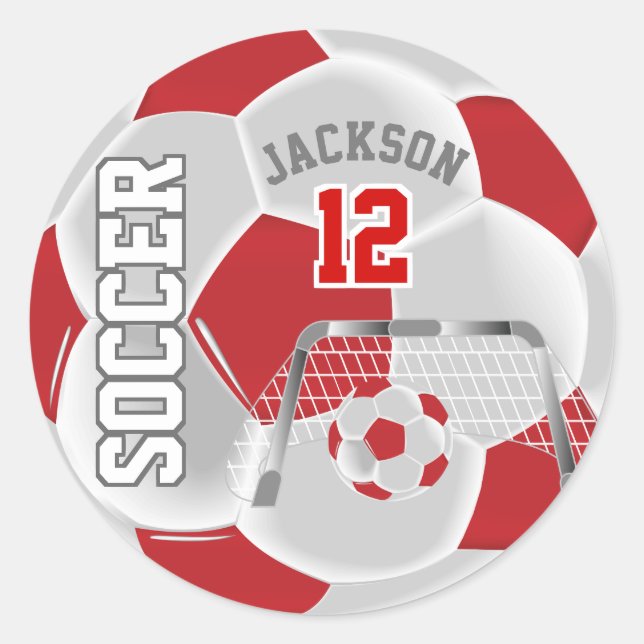 Red and White Soccer Ball Classic Round Sticker (Front)