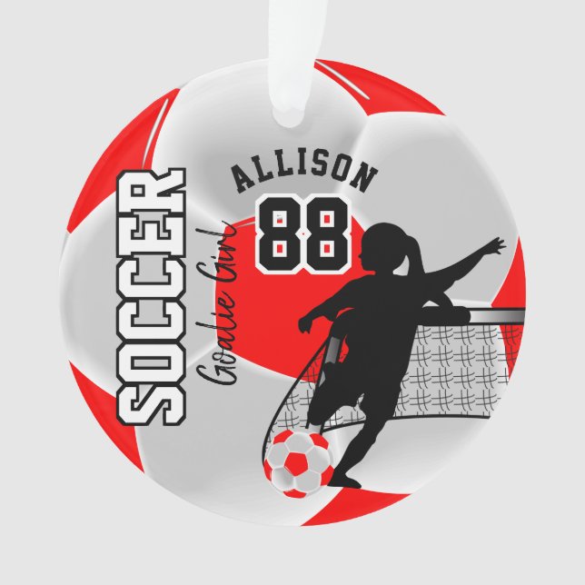 Red and White Soccer ⚽Goalie Girl Ornament (Front)