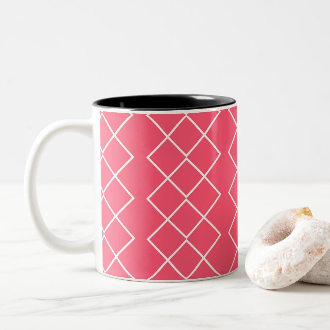 Red and White Square Chains Two-Tone Coffee Mug (With Donut)
