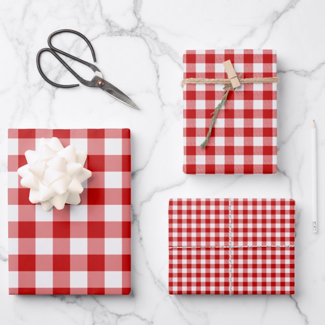 Red and White Squares Buffalo Plaid Check Wrapping Paper Sheet (Front)