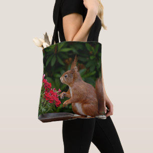Red and White Squirrel with Red Flower Bush Tote Bag