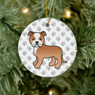 Red And White Staffordshire Bull Terrier Dog Ceramic Tree Decoration