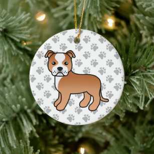 Red And White Staffordshire Bull Terrier Dog Ceramic Tree Decoration