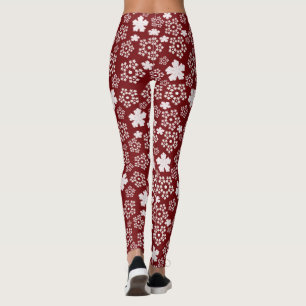 Red and White Star and Snowflake Winter Pattern Leggings
