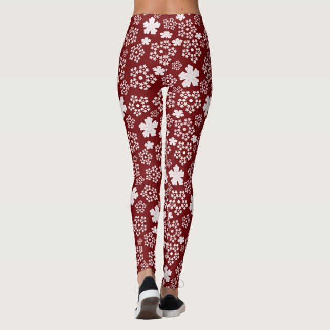 Red and White Star and Snowflake Winter Pattern Leggings (Back)