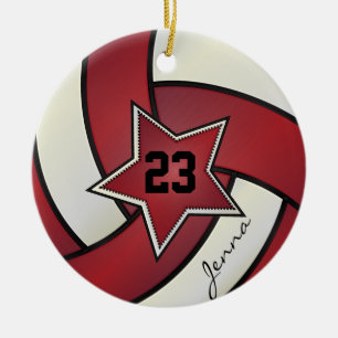Red and White Star Volleyball Ceramic Tree Decoration