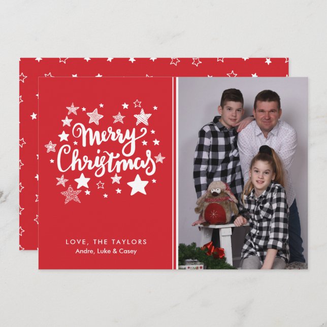 Red and White Starry Christmas Photo Card (Front/Back)