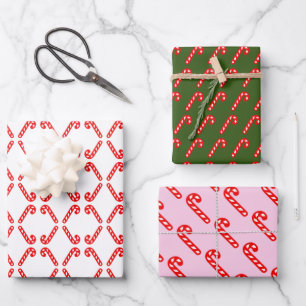 Red and white stick Christmas Pastel Pink Green Wrapping Paper Sheet