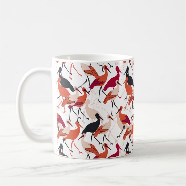 Red and White Stork Birds Seamless Pattern Coffee Mug (Left)