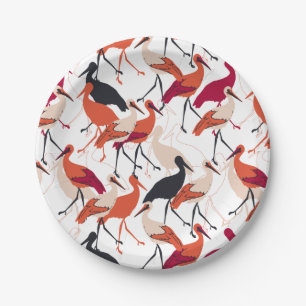 Red and White Stork Birds Seamless Pattern Paper Plate
