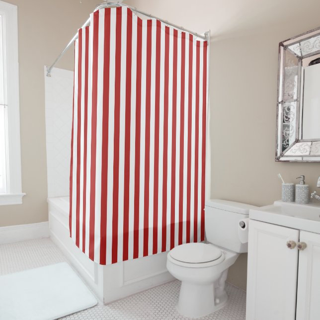 Red and White Stripe Bath Shower Curtain (In Situ)