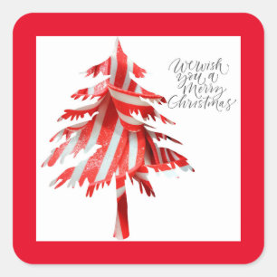 Red and White Stripe Christmas Tree Square Sticker
