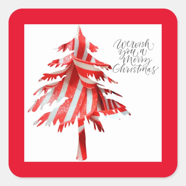 Red and White Stripe Christmas Tree Square Sticker (Front)