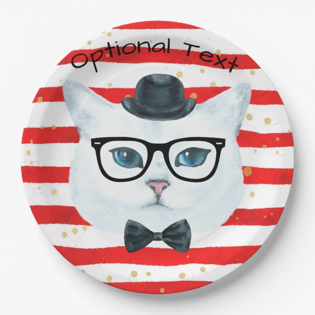 Red and White Stripe Hipster Cat Paper Plates (Front)