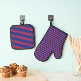 Red and white stripe on navy blue oven mitt & pot holder set