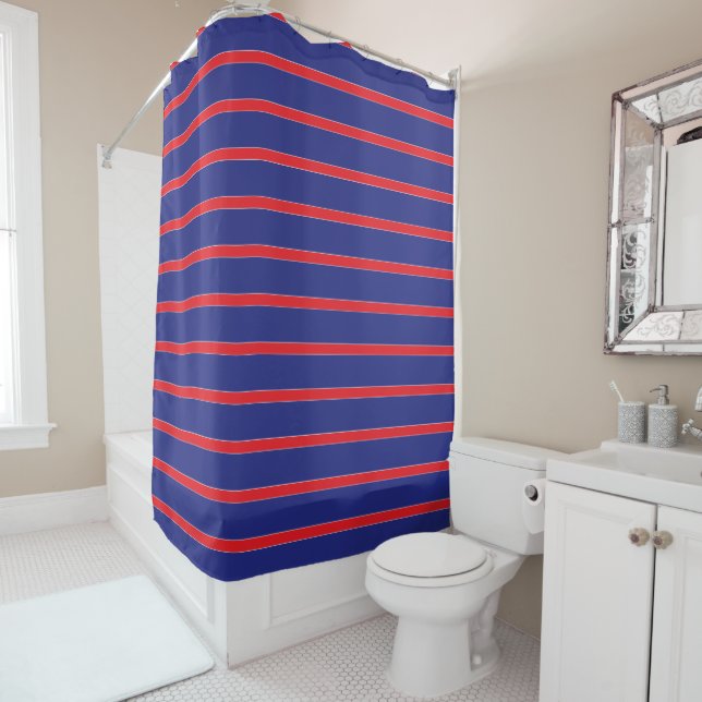Red and white stripe on navy blue shower curtain (In Situ)