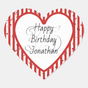 Red and White Stripe Pattern Happy Birthday Heart Sticker