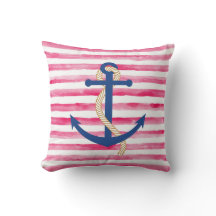 Red and White Stripe Watercolor Nautical Pillow