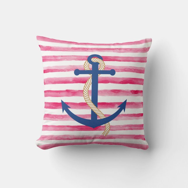 Red and White Stripe Watercolor Nautical Pillow (Front)