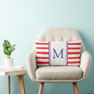 Red and White Stripe With Navy Blue Monogram Lumbar Cushion