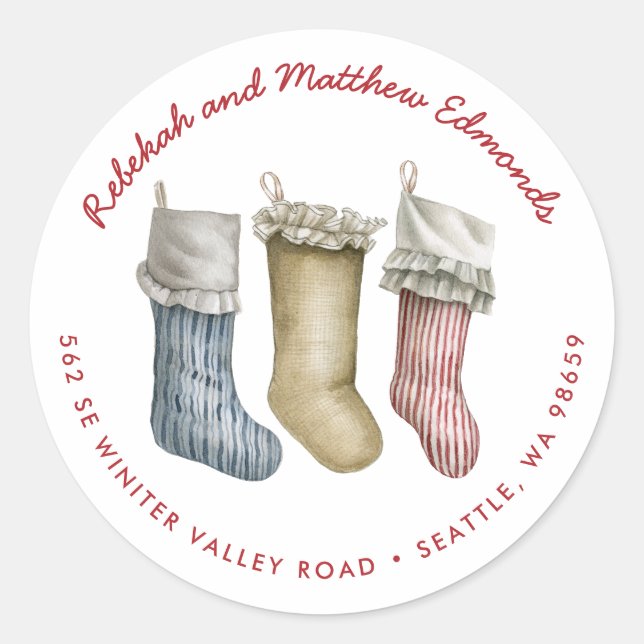 Red and White Striped Christmas Stocking Classic Round Sticker (Front)