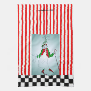 Red and White Striped Dancing Holiday Cat Tea Towel