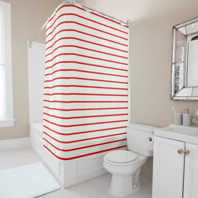 Red and White Striped horizontal stripes Shower Curtain (In Situ)