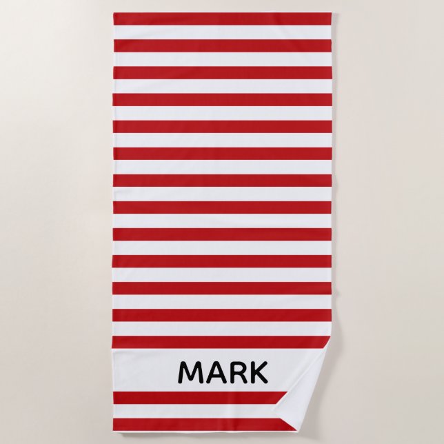 Red And White Striped  Personalised Beach Towel (Front)