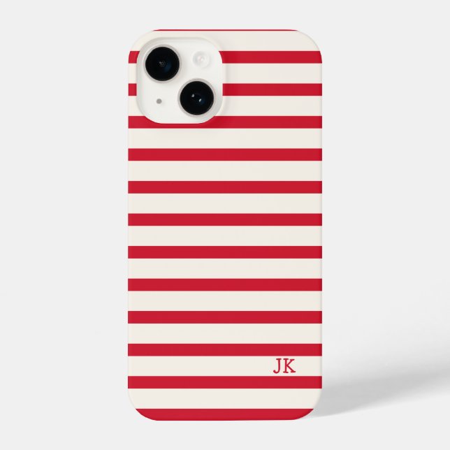 Red and White Striped Personalised Initials iPhone Case (Back)