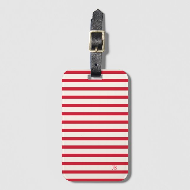 Red and White Striped Personalised Initials Luggage Tag (Front Vertical)