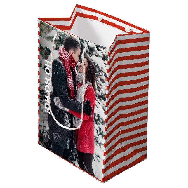 Red and White Striped Photo Christmas Medium Gift Bag (Front Angled)