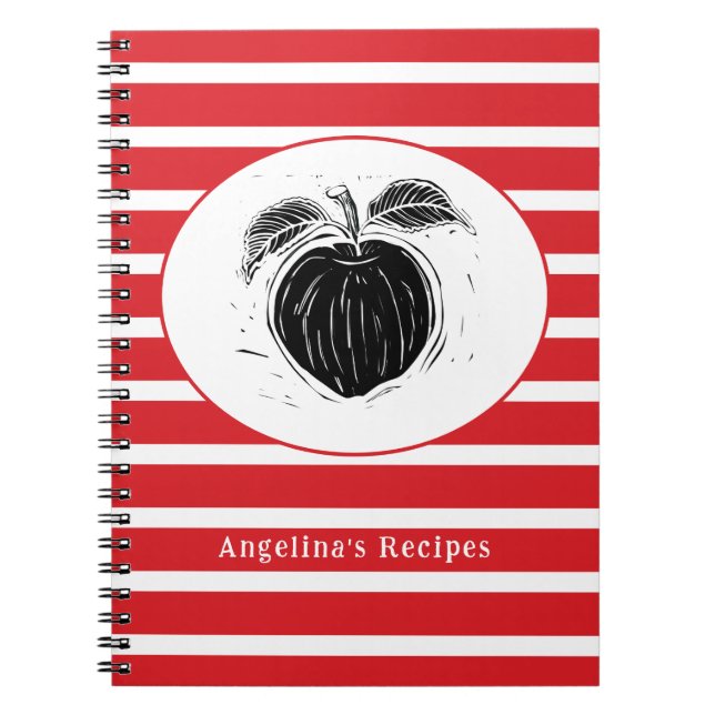 Red and White Stripes Apple Fruit Woodcut Personal Notebook (Front)