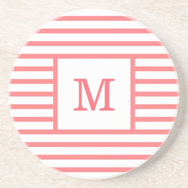 Red and White Stripes Custom Monogram Sandstone Coaster (Front)