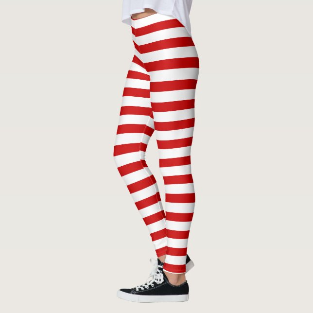 Red and White Stripes Cute Christmas Elf Holiday Leggings (Left)