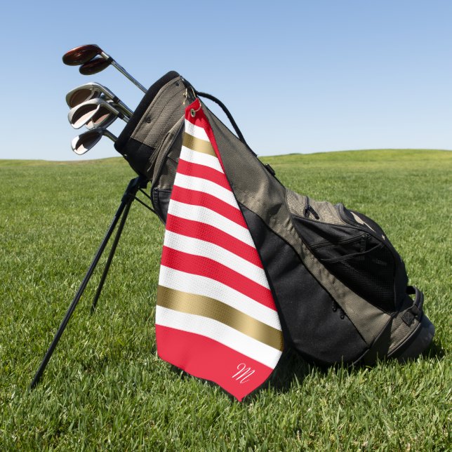 Red and White Stripes Gold Accents, Monogram Golf Towel (Green)