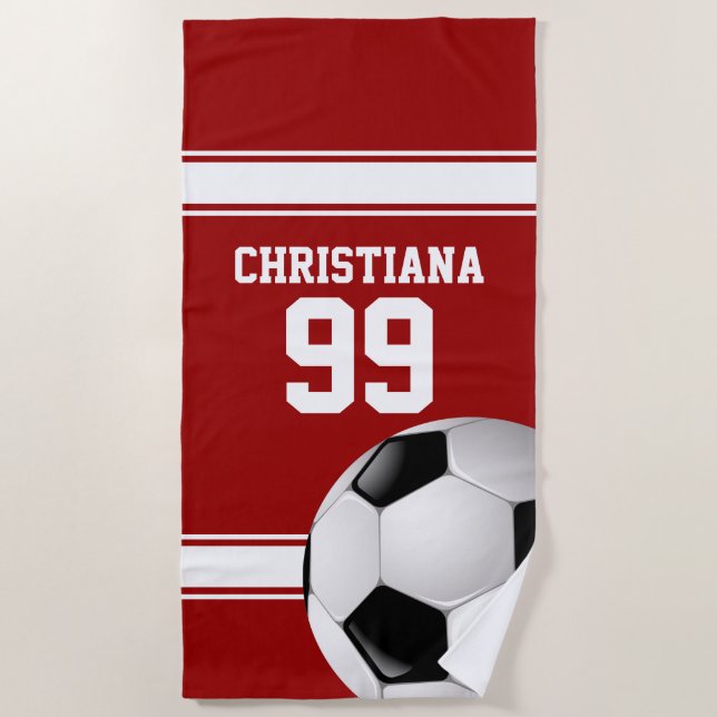 Red and White Stripes Jersey Soccer Ball Beach Towel (Front)