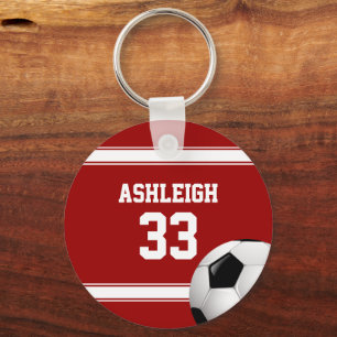 Red and White Stripes Jersey Soccer Ball Key Ring