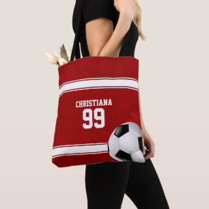 Red and White Stripes Jersey Soccer Ball Tote Bag