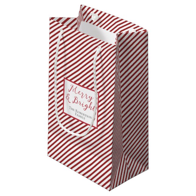 Red and White Stripes Merry and Bright Small Gift Bag (Front Angled)