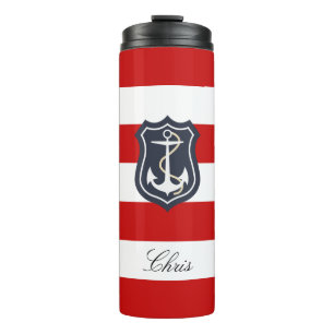 Red and White Stripes Nautical with Your Name Thermal Tumbler
