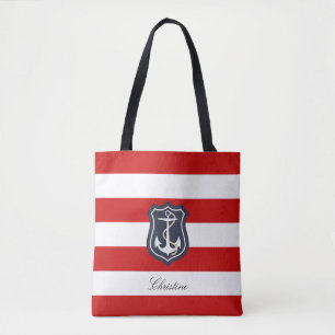 Red and White Stripes Nautical with Your Name Tote Bag