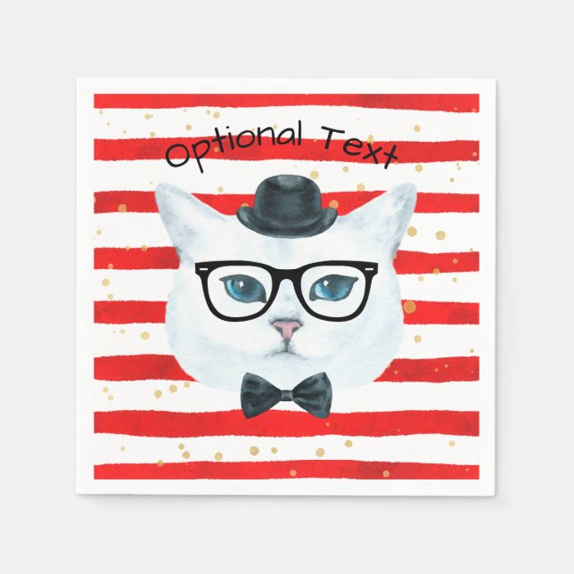 Red and White Stripes Nerdy Cat Paper Napkins (Front)