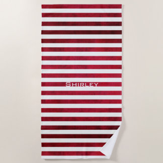 Red and White Stripes on Fabric Texture by STaylor Beach Towel