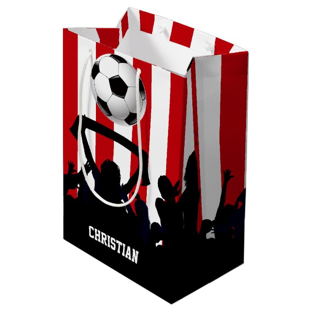 Red and White stripes Soccer Fans and football Medium Gift Bag (Back Angled)