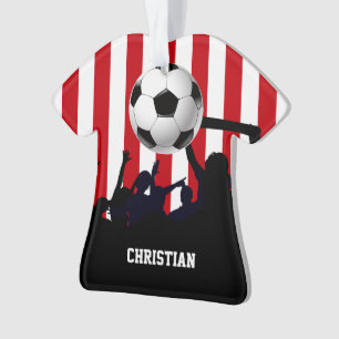 Red and White Stripes Soccer Fans and Football Ornament
