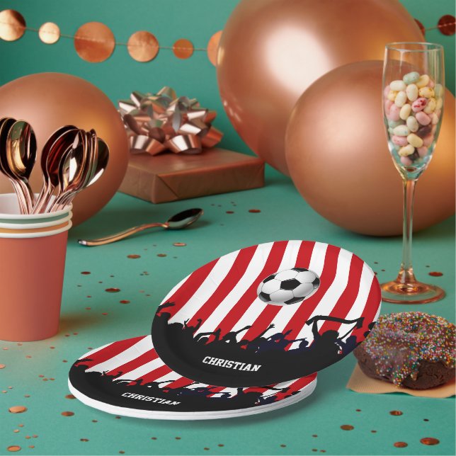 Red and White stripes Soccer Fans and football Paper Plate (Multi)
