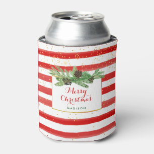 Red and White Stripes with Gold and Pine Cones Can Cooler