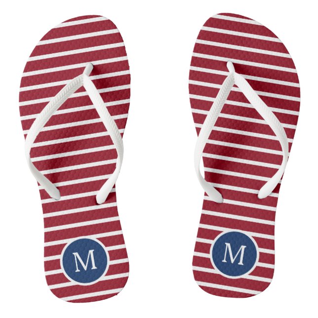 Red and White Stripes With Navy Blue Monogram Flip Flops (Footbed)