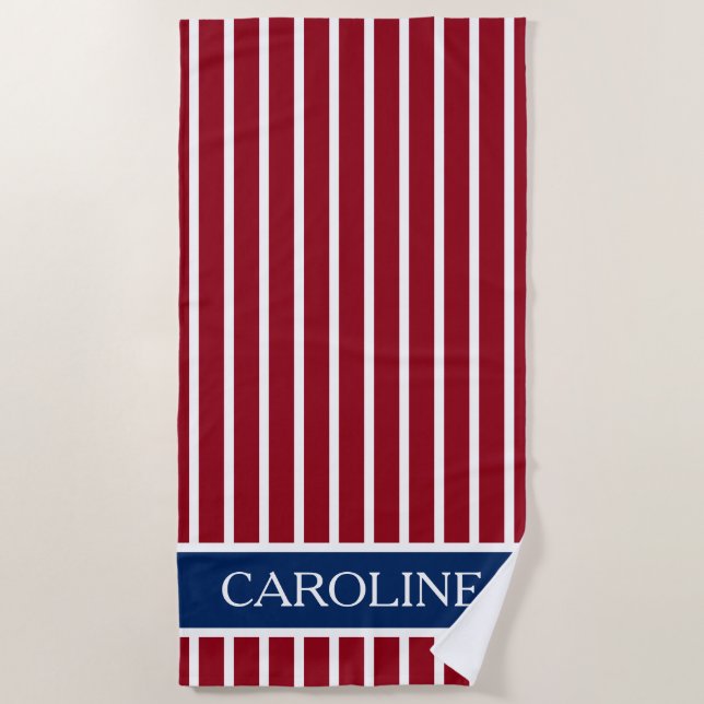 Red and White Stripes With Navy Blue Personalised Beach Towel (Front)